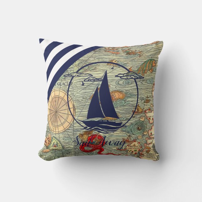Nautical old map/boat/silhouette/sail away/navy cushion (Front)