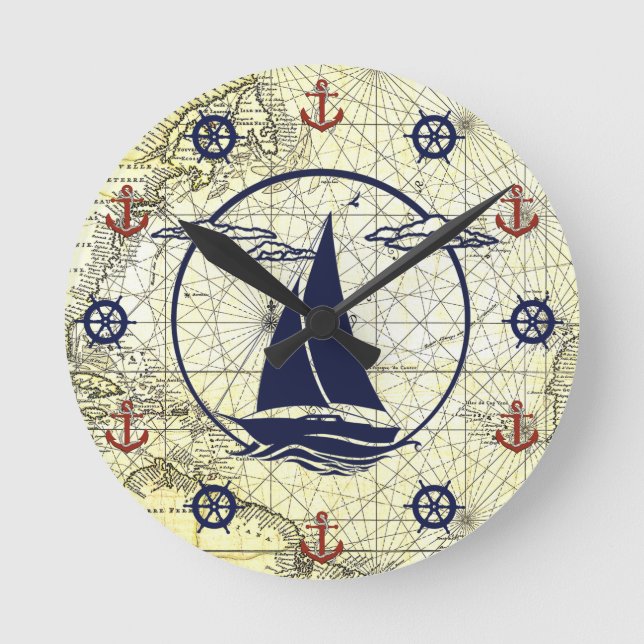 Nautical old map/sailboat/anchor/wheel silhouette round clock (Front)