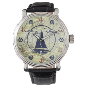 Nautical old map/sailboat/anchor/wheel silhouette watch