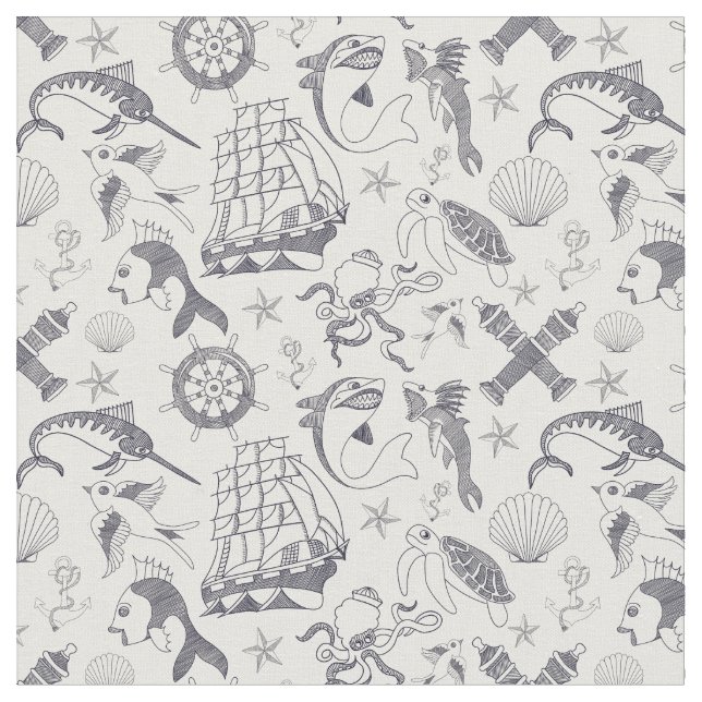 Nautical Old Sailor Tattoos Patterned Fabric (Close Up)