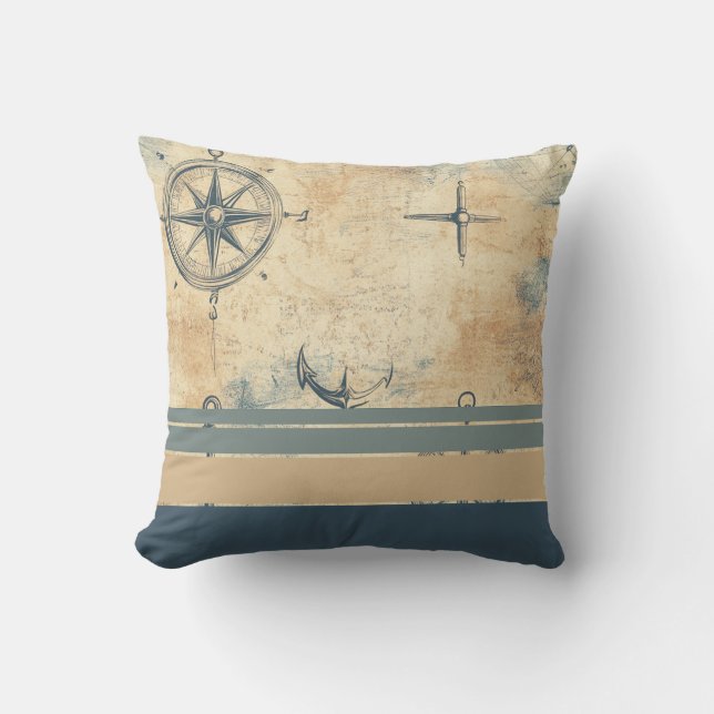 Nautical Old World Map With Blue Stripes Cushion (Front)