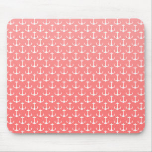 Nautical Ombre Coral Pink White Anchor Pattern Mouse Pad