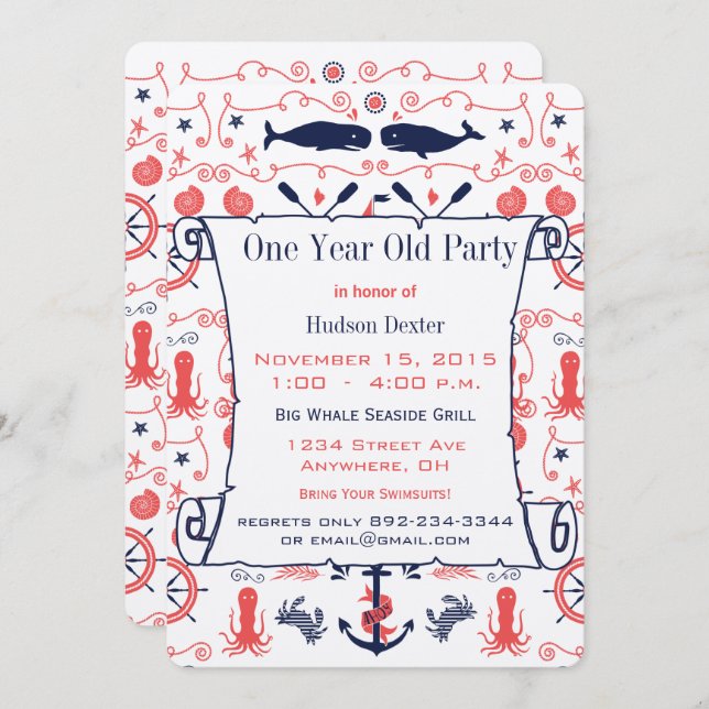 Nautical One Year Old Birthday Coral Navy Invitation (Front/Back)