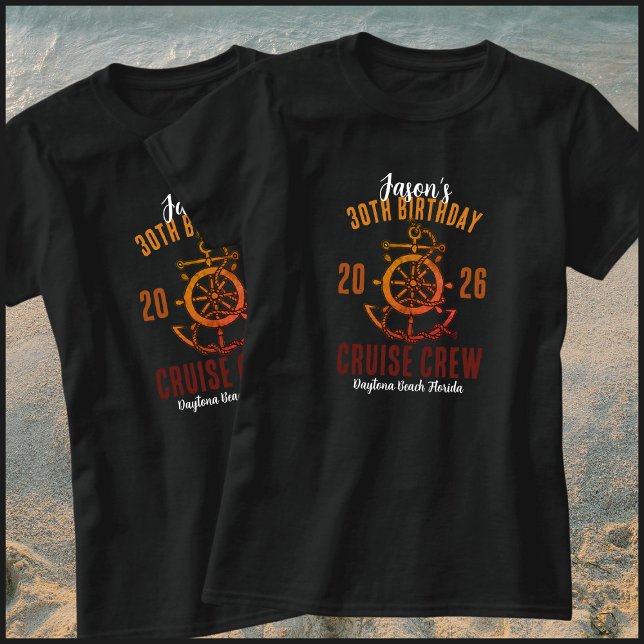 Nautical Orange & Black 30th Birthday Cruise Crew T-Shirt (Creator Uploaded)