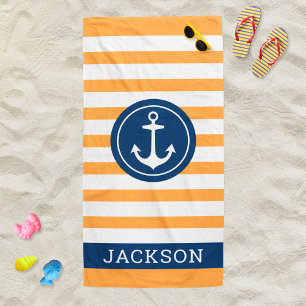 Nautical Orange Stripe Anchor Monogram Name Beach Towel