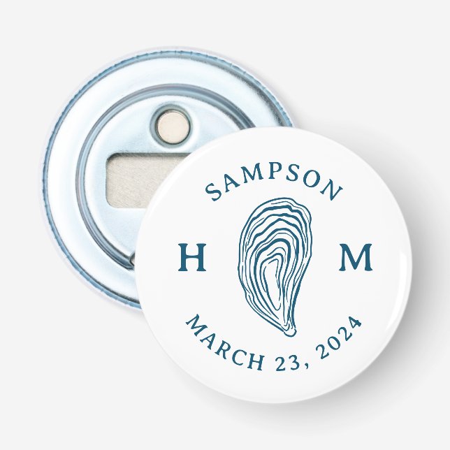 Nautical Oyster Shell Monogram with Name Date Bottle Opener (Front)