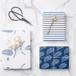 Nautical Oyster Shell Monogram with Name Date Wrapping Paper Sheet