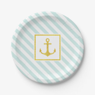 Nautical Pastel Blue Stripes Golden Anchor Paper Plate