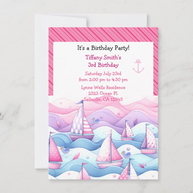 Nautical Pastel Sailboat Girls Birthday Invitation (Front)