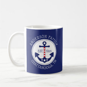 Nautical Patriotic Anchor Family Name Navy Blue Coffee Mug