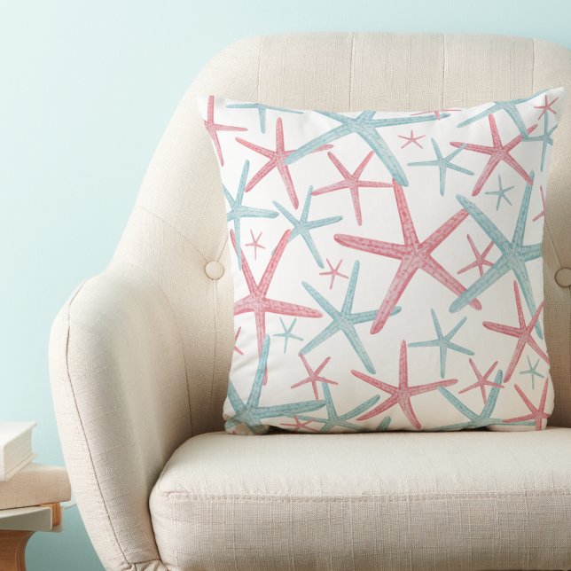 Nautical Pattern Beach House Cushion (Teal Pink Nautical Starfish Pattern Beach House Throw Pillow)