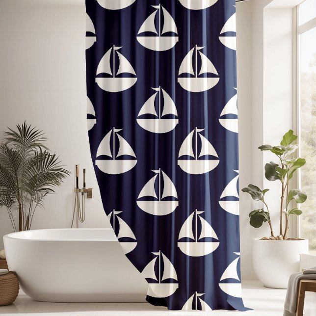 Nautical Pattern Blue White Sailboat Shower Curtain (Creator Uploaded)