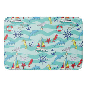 Nautical Pattern Boats Ship Wheel Anchor Dolphin  Bath Mat