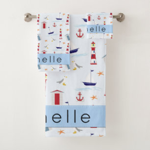 Nautical Pattern, Marine Pattern, Your Name Bath Towel Set