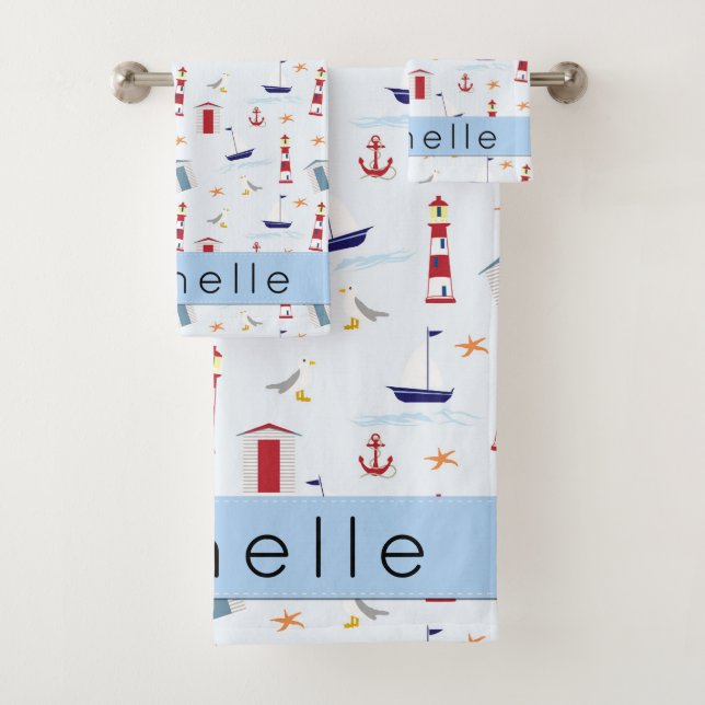 Nautical Pattern, Marine Pattern, Your Name Bath Towel Set (Insitu)