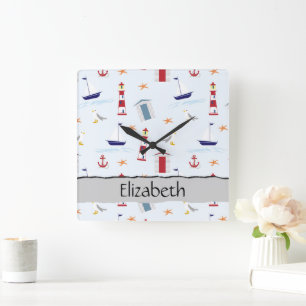 Nautical Pattern, Marine Pattern, Your Name Square Wall Clock