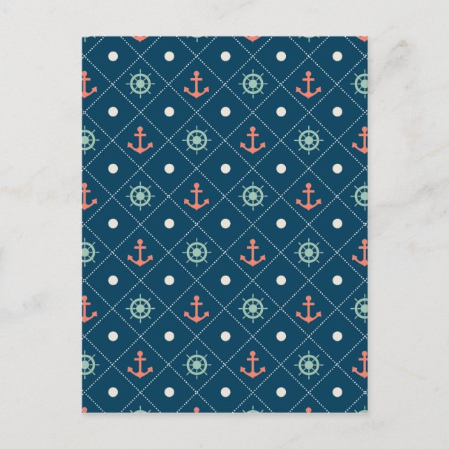 Nautical Pattern Navy Anchor Helm Wheel Sail Postcard (Front)
