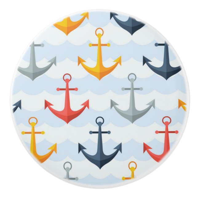 Nautical Pattern with Anchors Ceramic Knob (Front)