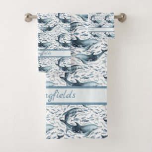 Nautical Pattern with Dolphins and Fishes  Bath Towel Set