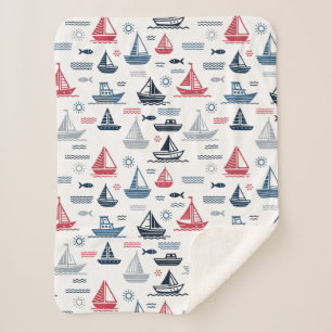 Nautical Pattern with Sailboats and Fish Sherpa Blanket