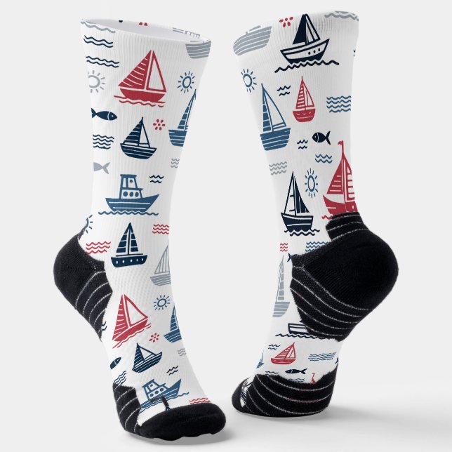 Nautical Pattern with Sailboats and Fish Socks (Angled)