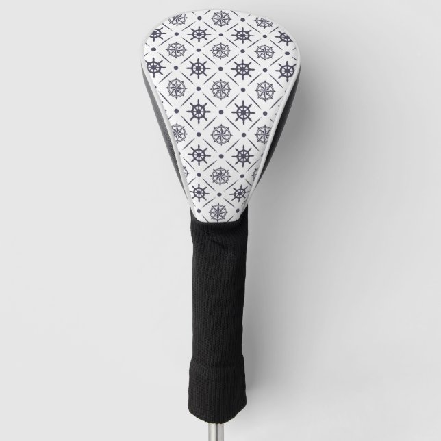 Nautical pattern with sailing wheel and compass golf head cover (Front)