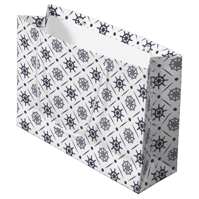 Nautical pattern with sailing wheel and compass large gift bag (Front Angled)