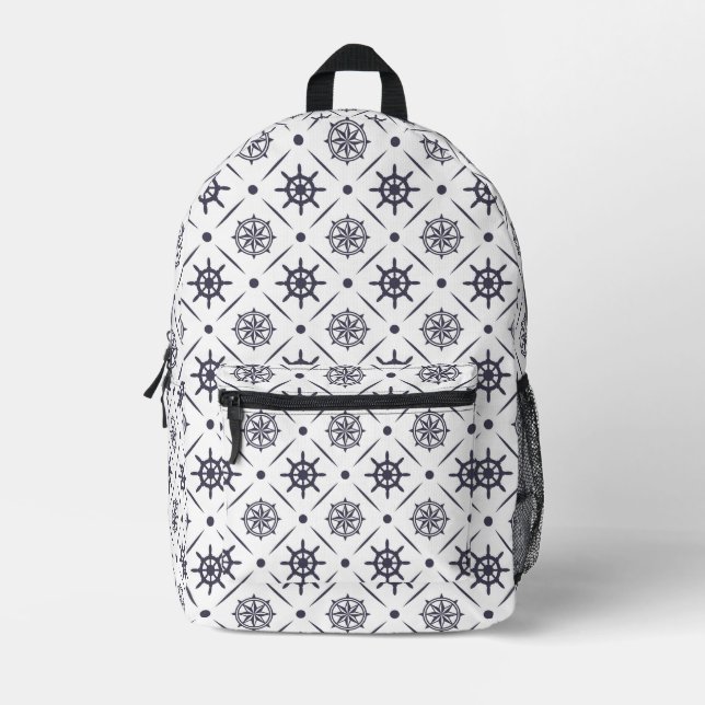 Nautical pattern with sailing wheel and compass printed backpack (Front)
