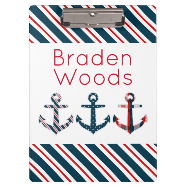 Nautical Patterned Anchors Personalised Clipboard (Front)