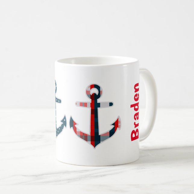 Nautical Patterned Anchors Personalised Mug (Front Right)