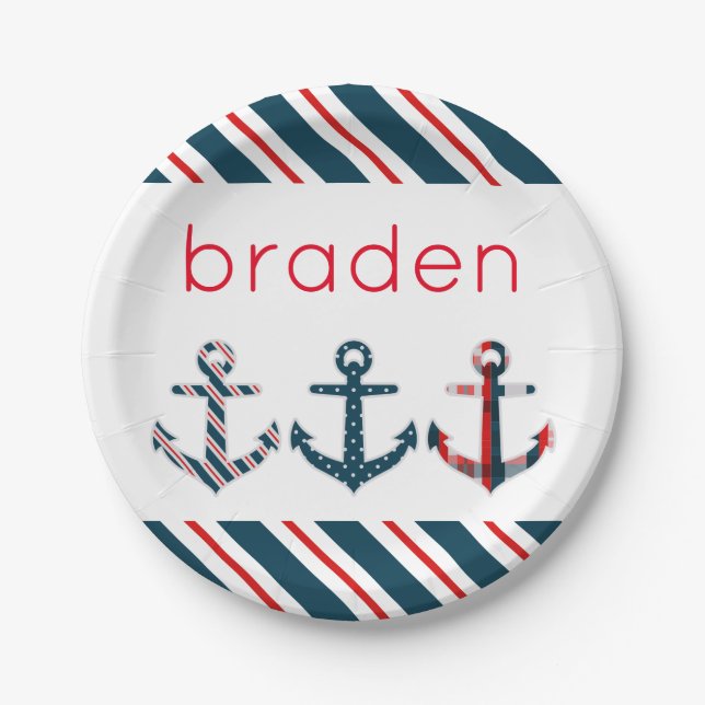 Nautical Patterned Anchors Personalised Plates (Front)