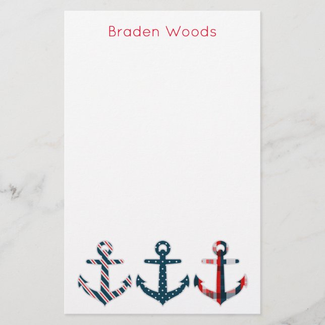 Nautical Patterned Anchors Personalised Stationery (Front)