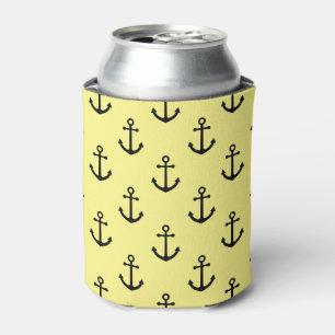 Nautical Patterned Black Anchor Yellow Background Can Cooler