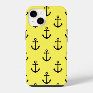 Nautical Patterned Black Anchor Yellow Background iPhone 14 Case
