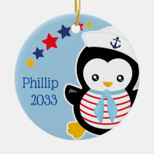 Nautical Penguin Kids Christmas Ceramic Ornament