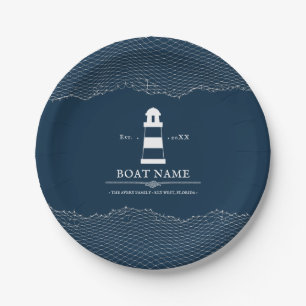 Nautical Personalised Blue lighthouse Boat Name Paper Plate