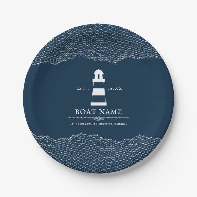 Nautical Personalised Blue lighthouse Boat Name  Paper Plate (Front)