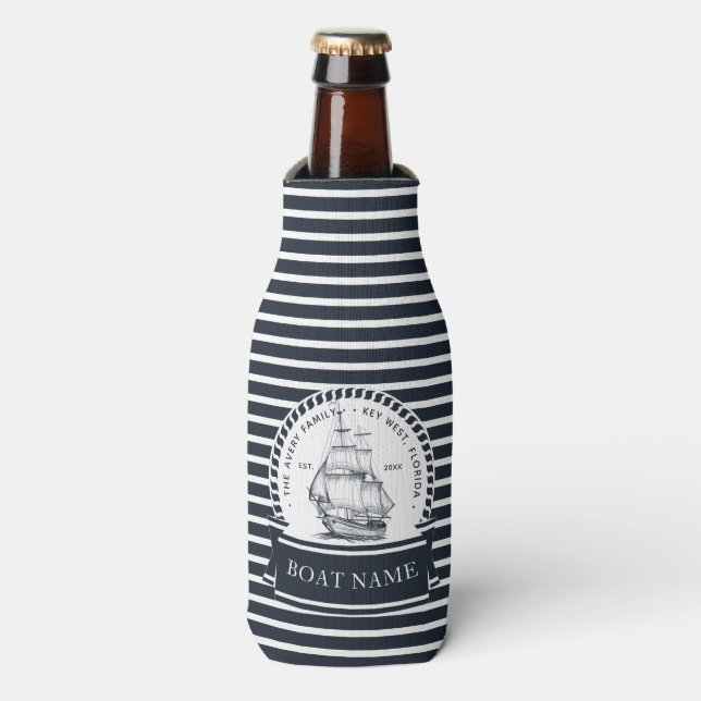 Nautical Personalised Family and Boat Name Bottle Cooler (Bottle Front)