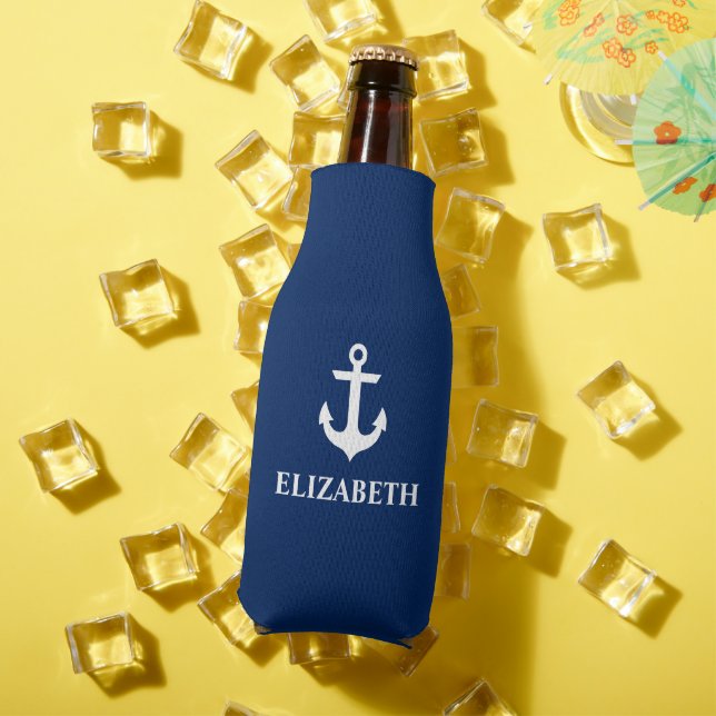 Nautical Personalised Name Anchor Navy Blue Bottle Cooler (In Situ Summer)