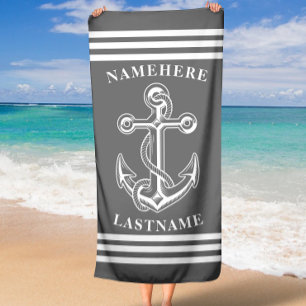 Nautical Personalised Name Grey Anchor with Rope Beach Towel