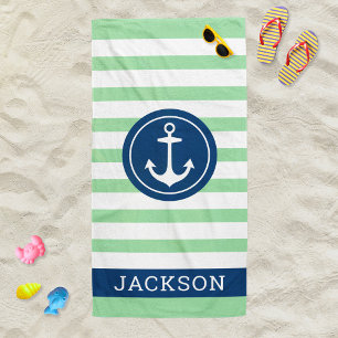Nautical Personalised Name Navy Green Striped Beach Towel
