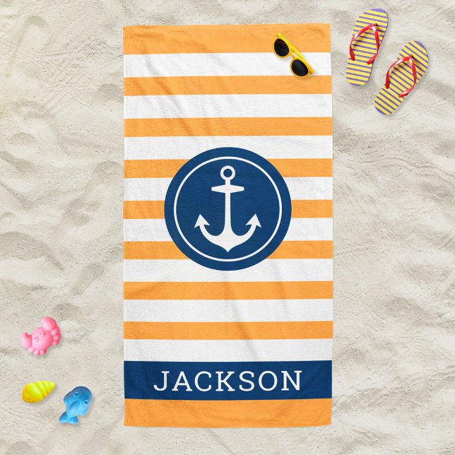 Nautical Personalised Name Navy Orange Striped Beach Towel (Creator Uploaded)