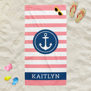 Nautical Personalised Name Navy Pink Striped Beach Towel