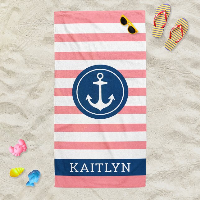 Nautical Personalised Name Navy Pink Striped Beach Towel (Creator Uploaded)
