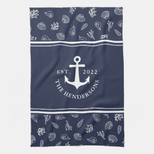 Nautical Personalised Navy Blue Anchor Family Tea Towel