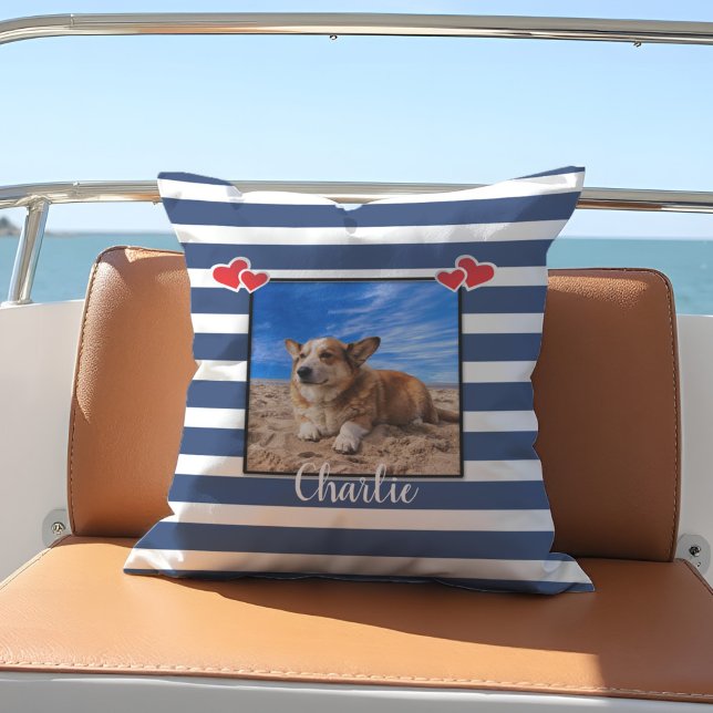 Nautical Photo Boat Decor Hearts Blue White Stripe Cushion (Custom nautical photo pillow with classic blue and white stripes and a beachy vibe for boat decor.)