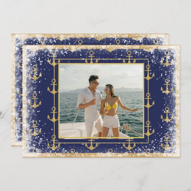 Nautical Photo Gold Blue Christmas Xmas Card (Front/Back)