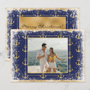 Nautical Photo Gold Blue Christmas Xmas Card