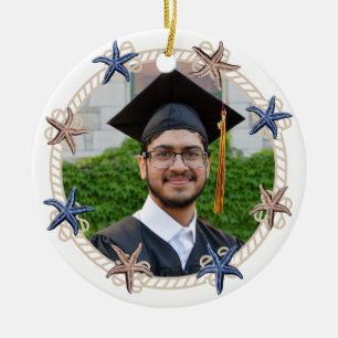 Nautical Photo Navy Blue White stripes Graduation Ceramic Ornament