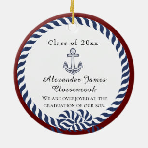 Nautical Photo Navy Blue White stripes Graduation Ceramic Ornament